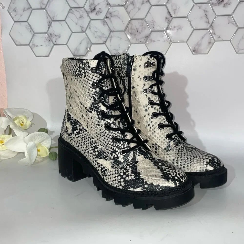 Madden Girl Snakeskin Print Ankle Boots with Geometric Pattern - Picture 2 of 10